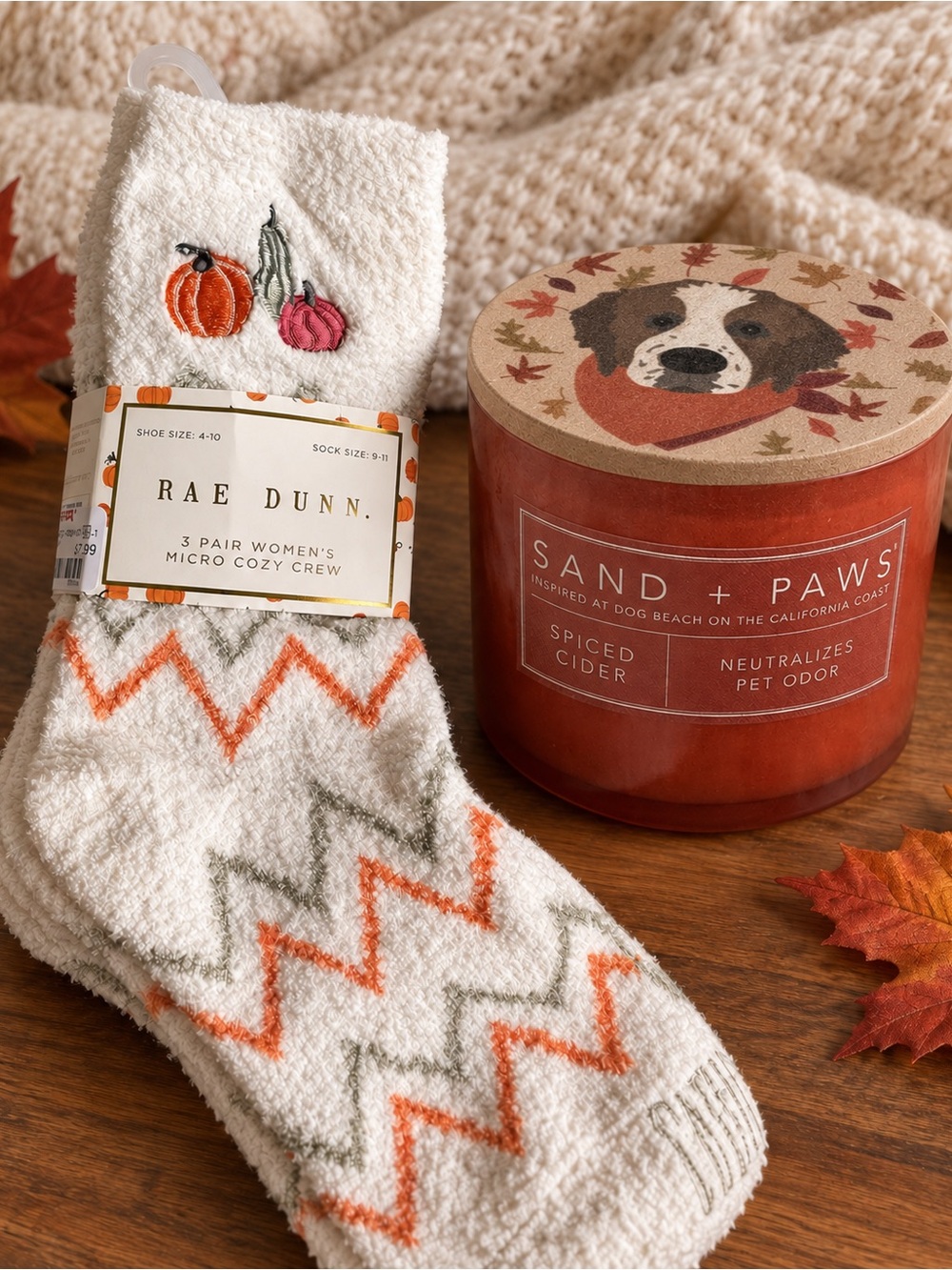 Rae Dunn Cream Cozy Crew Socks with Orange & Gray Zigzag Accents size 9-11